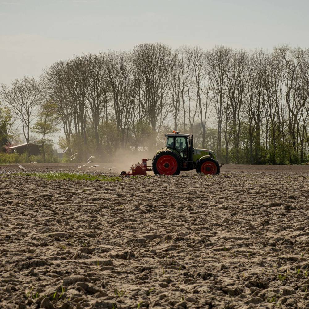 Een tractor ploegt een groot, droog veld met bomen op de achtergrond. (Foto Kenji Elzerman - Unsplash)
