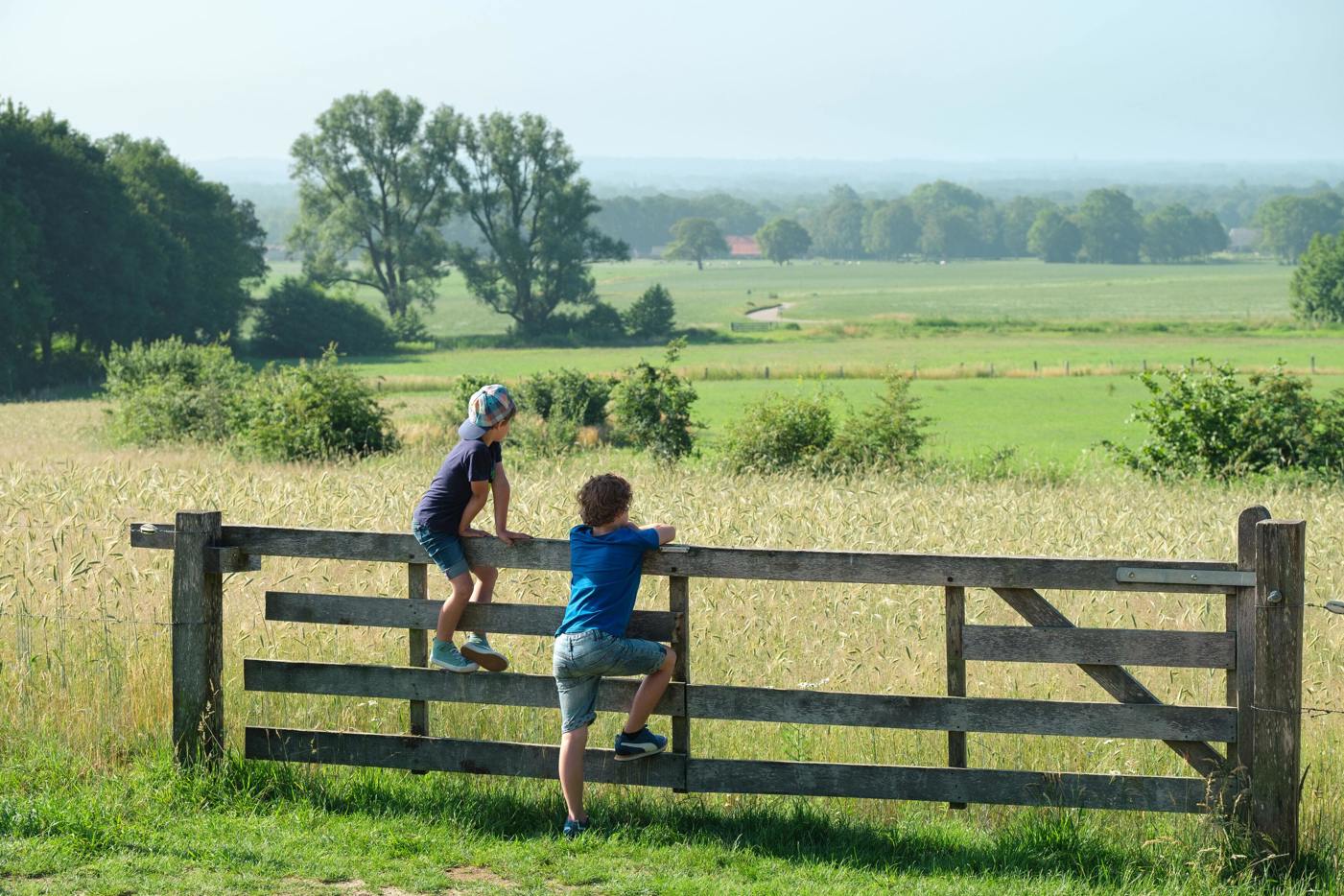 Fotograaf: Vincent Croce. Kuiperberg. Twee jongens klimmen op een houten hek en kijken uit over een groen en heuvelachtig landschap met akkers en bomen.