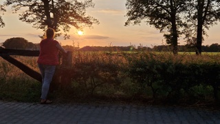 Vrouw kijkt uit over een veld bij zonsondergang.