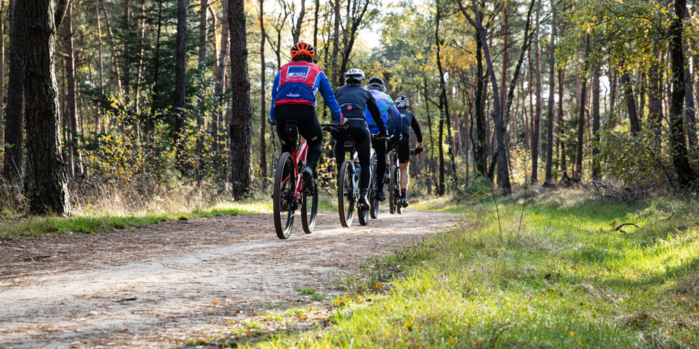 Mountainbikers op een bospad.