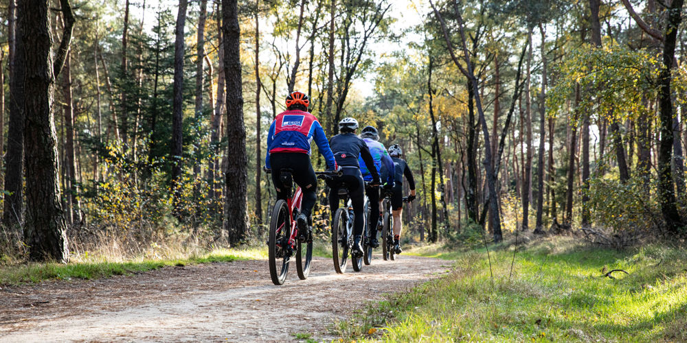 Mountainbikers op een bospad.