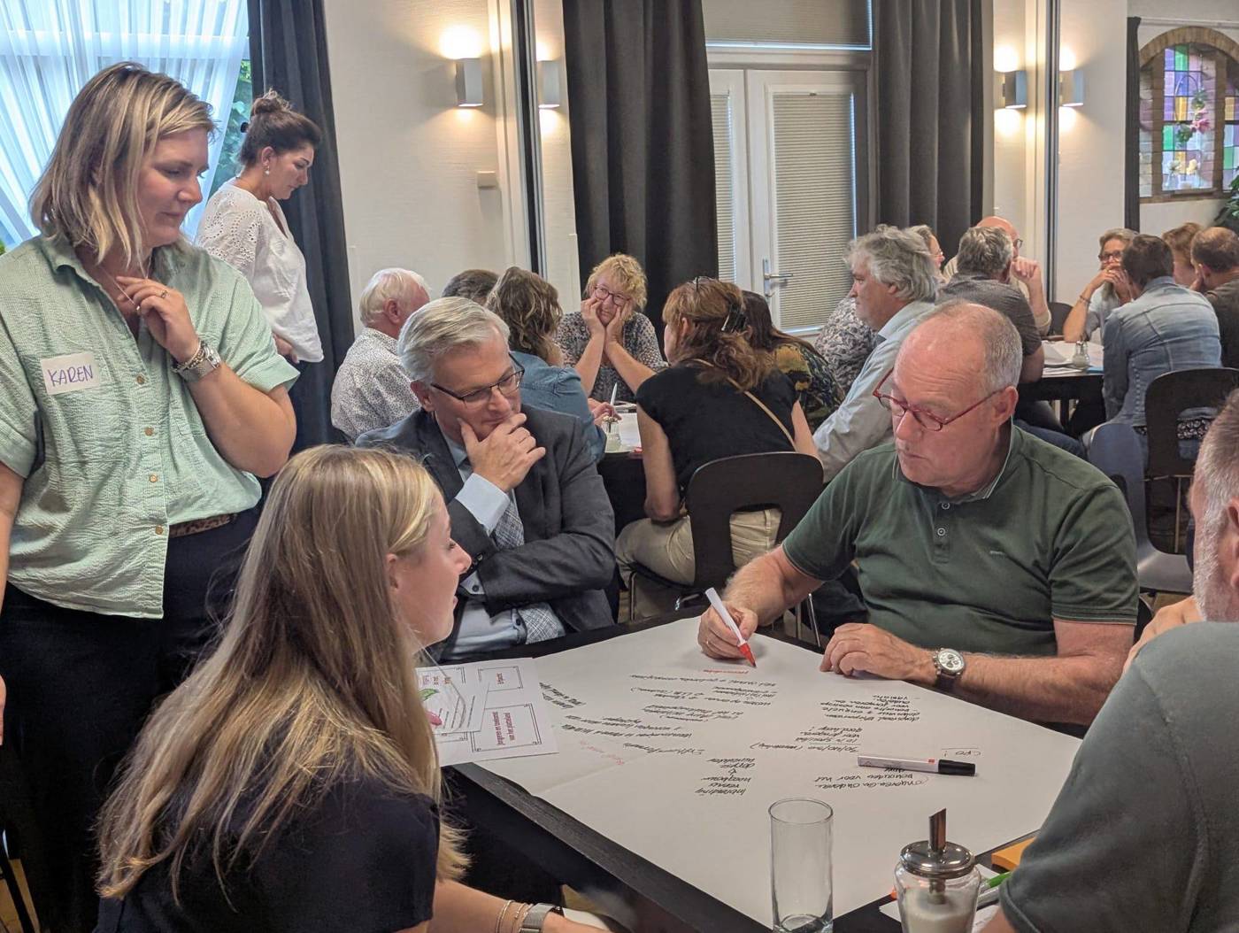 Groep mensen waaronder gedeputeerde Gert Harm ten Bolscher in overleg tijdens een workshop of brainstormsessie over Visie LP 2025.