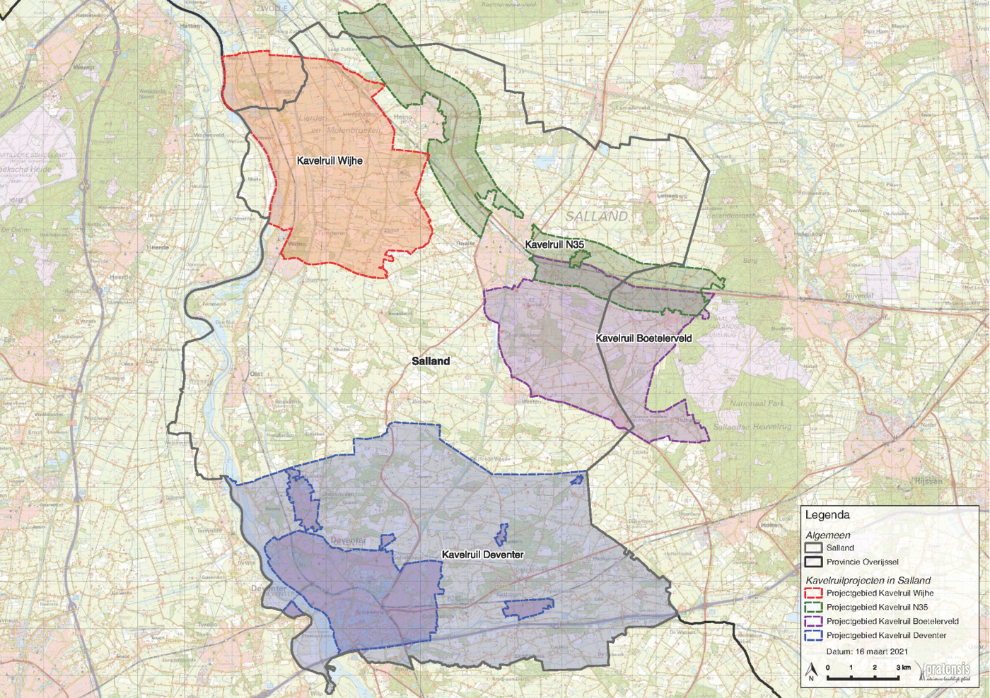 Overzichtskaart Salland met aanduiding van vier afgeronde kavelruilprojecten.