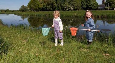 Twee jonge kinderen vangen waterdiertjes met schepnetten langs de oever van een sloot, met een kerktoren en groene bomen op de achtergrond.