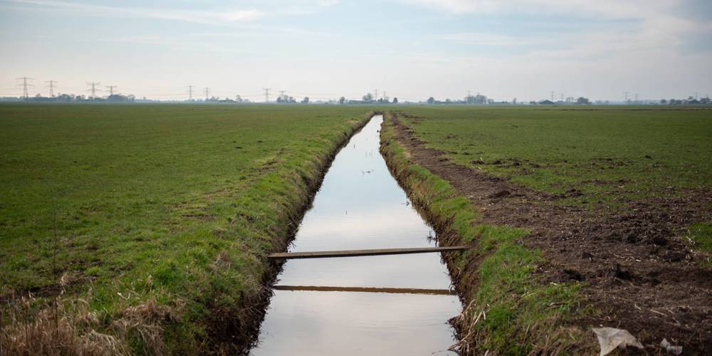 Sloot in grasland met houten plankbrug en hoogspanningslijnen in de verte onder deels bewolkte lucht.