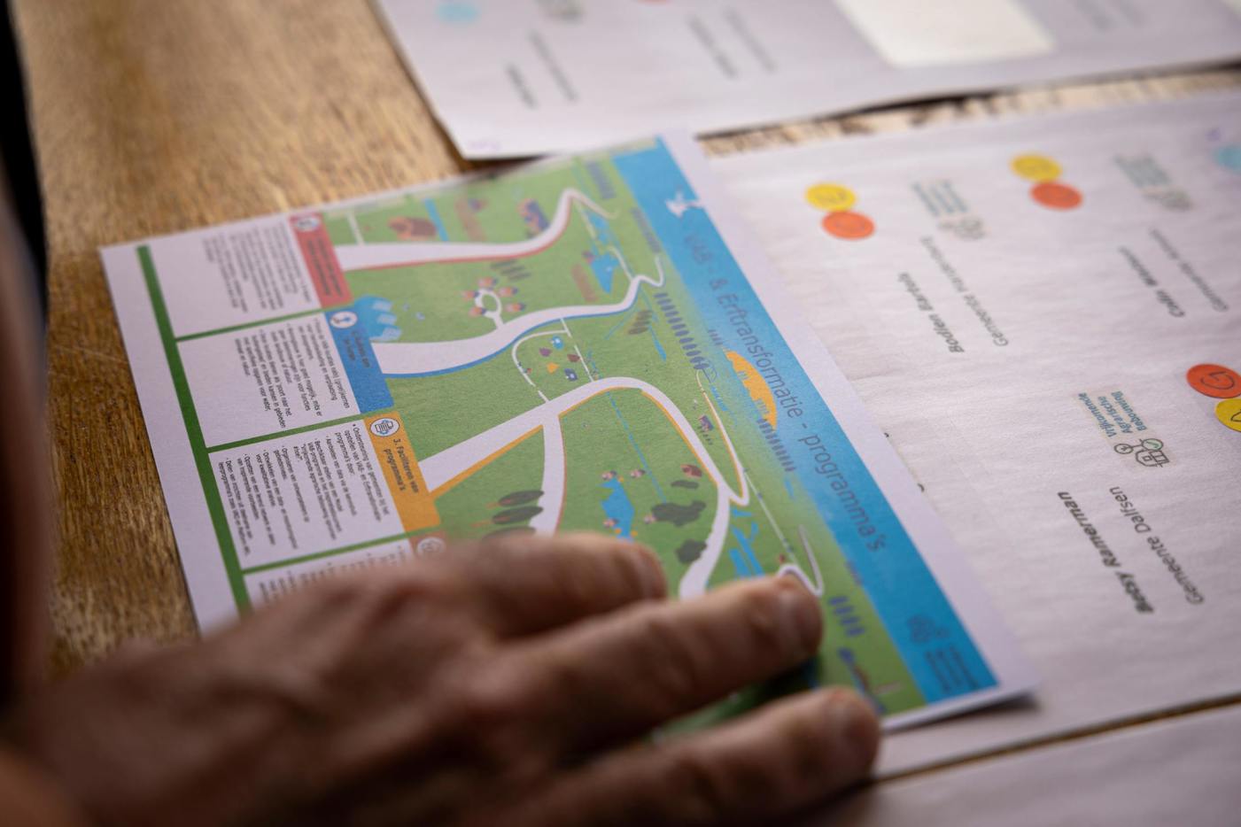 Hand bij programma op papier op tafell over VAB & Erftransformatie